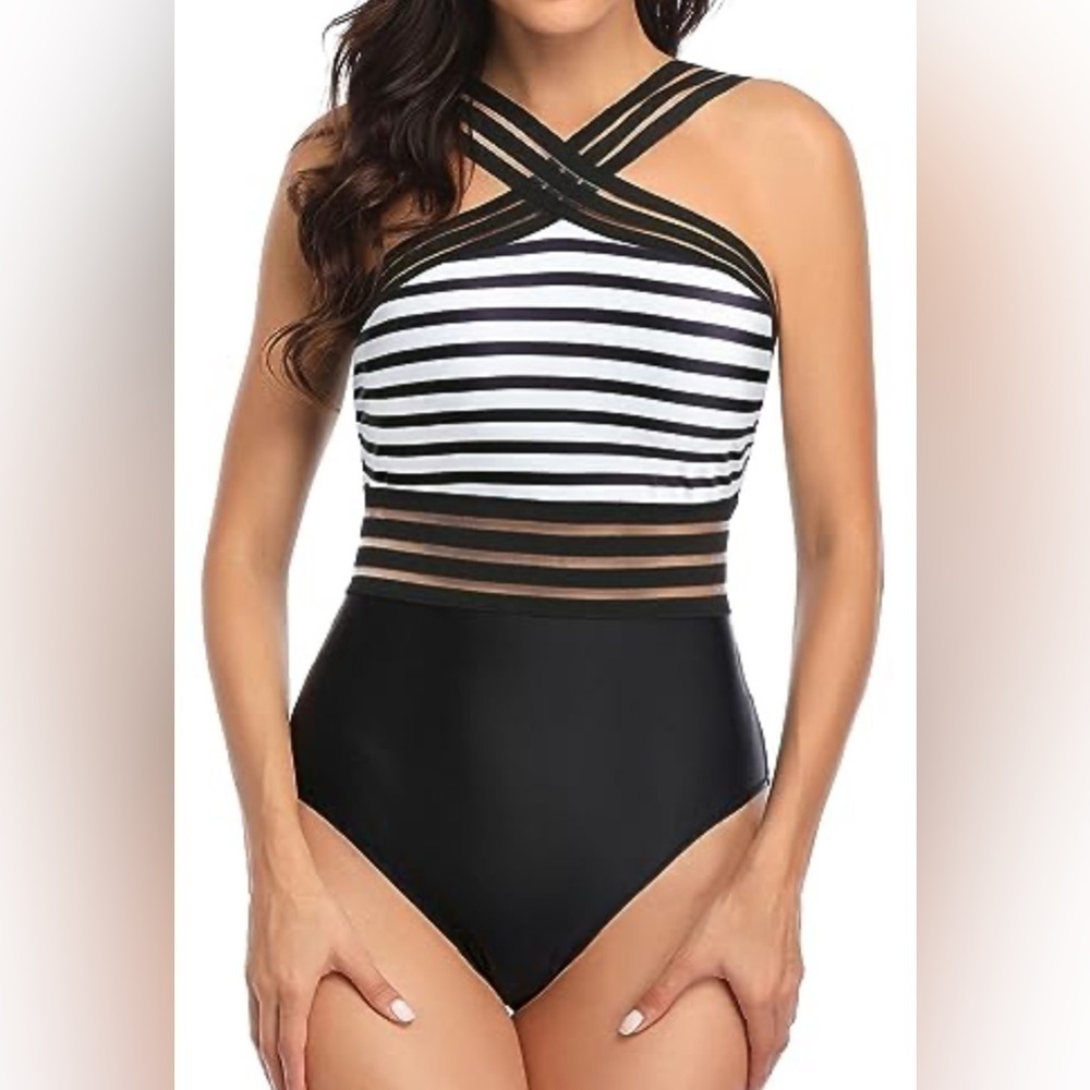 Tempt Me Halter crisscross mesh,mesh waist Tummy Control removable pads